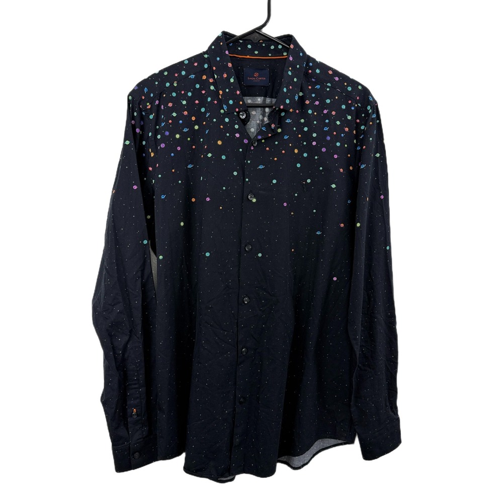 Simon Carter Dress Shirt Mens 42 Black Slim Fit Button Up Shirt Planets Colorful